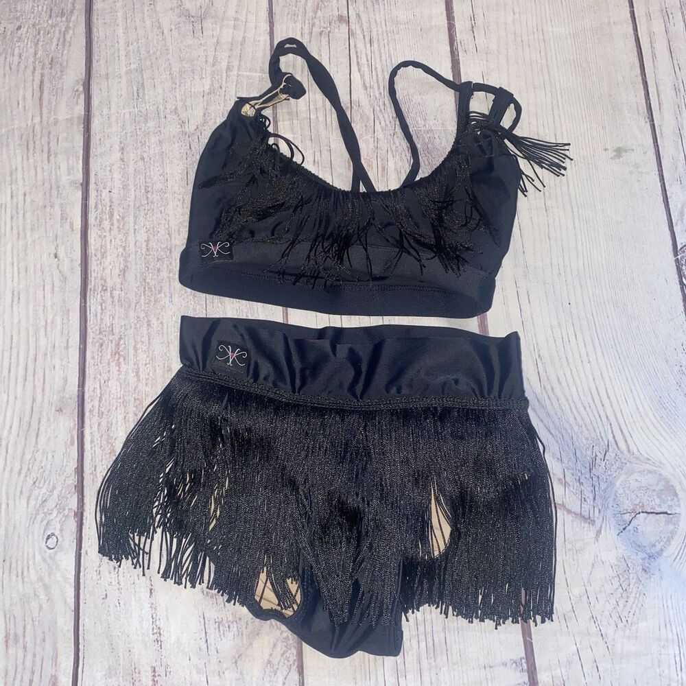 Kandi Kouture CXL 10/12 Black Fringe 2 Piece Dance Competition Costume A4